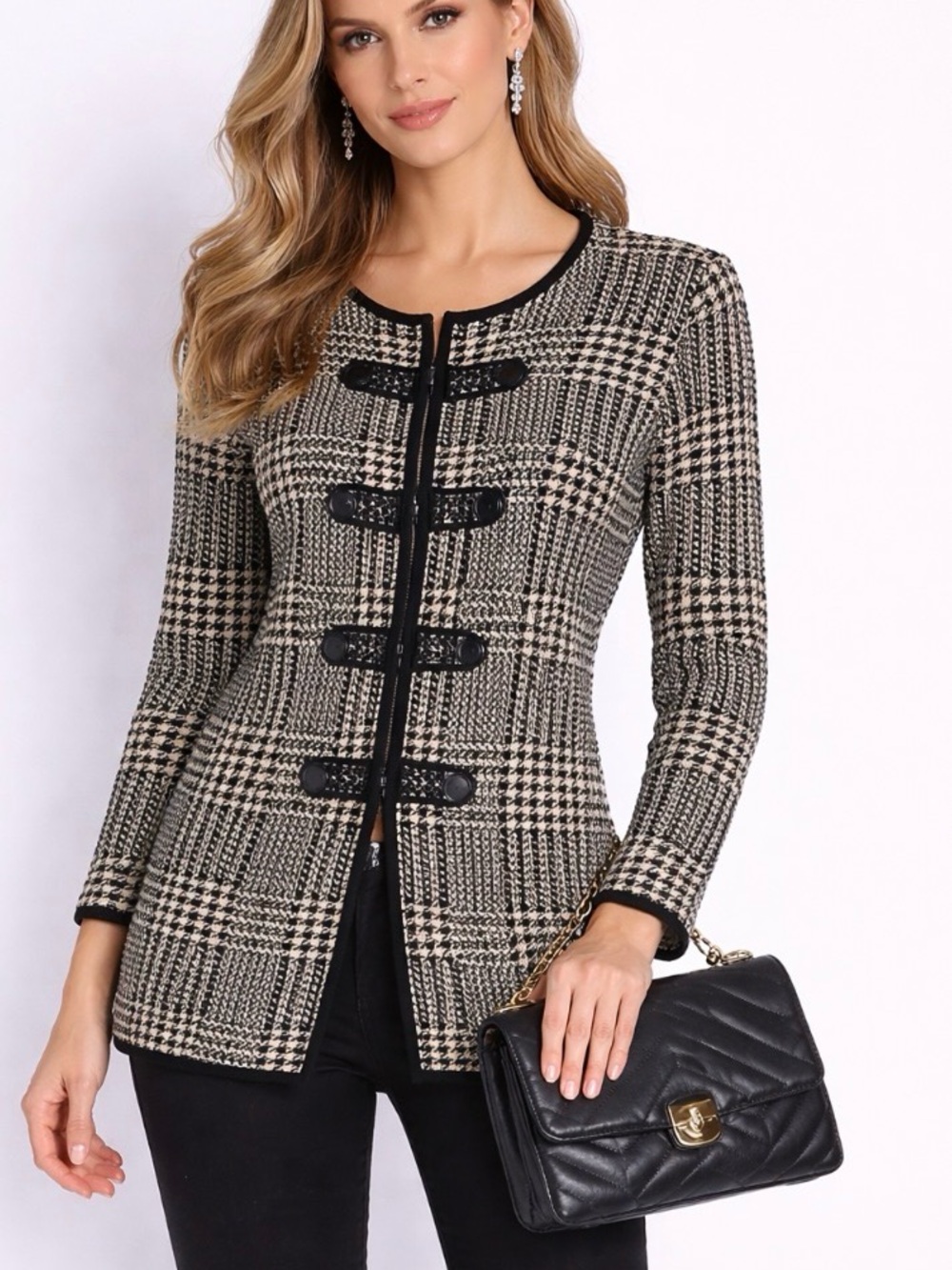 Kenar Black and Cream Plaid Tweed Blazer